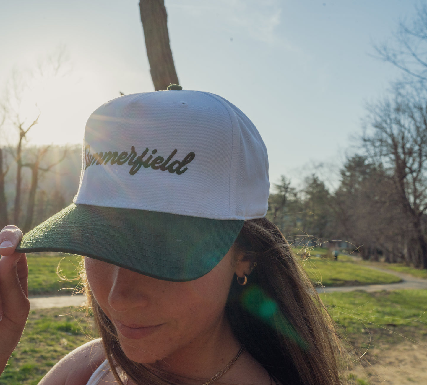 "Summerfield" GREEN Script on WHITE Hat