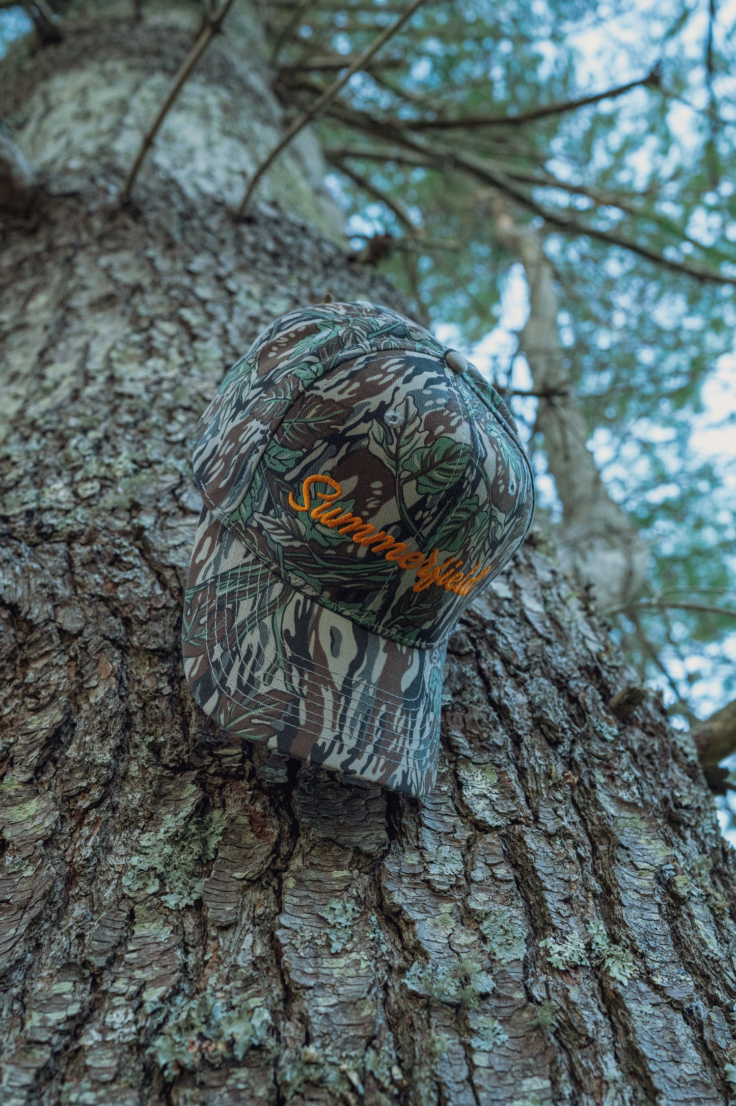 "Summerfield" ORANGE Script on CAMO Hat